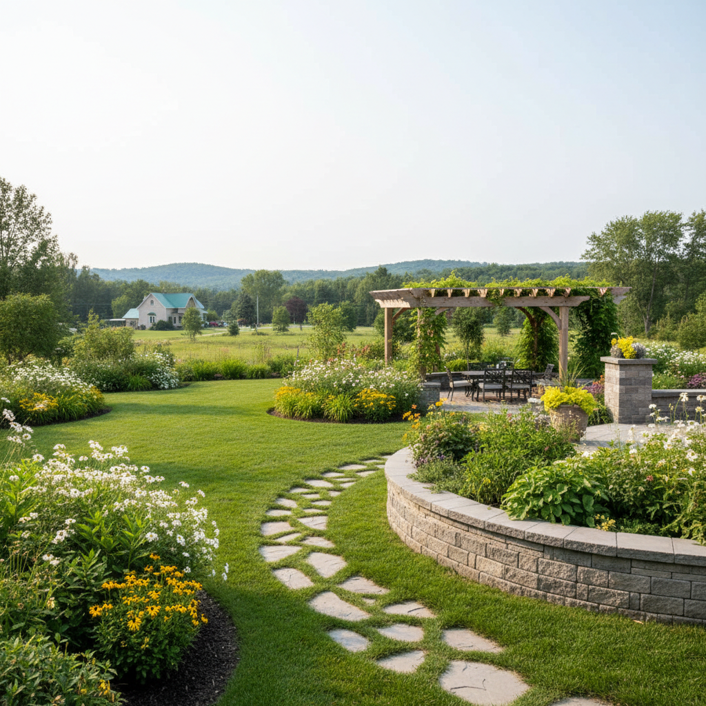 Beautiful landscaped garden with lush greenery and stone pathways - Arnie Jordan Landscaping, professional landscaping contractor in Alliston, ON